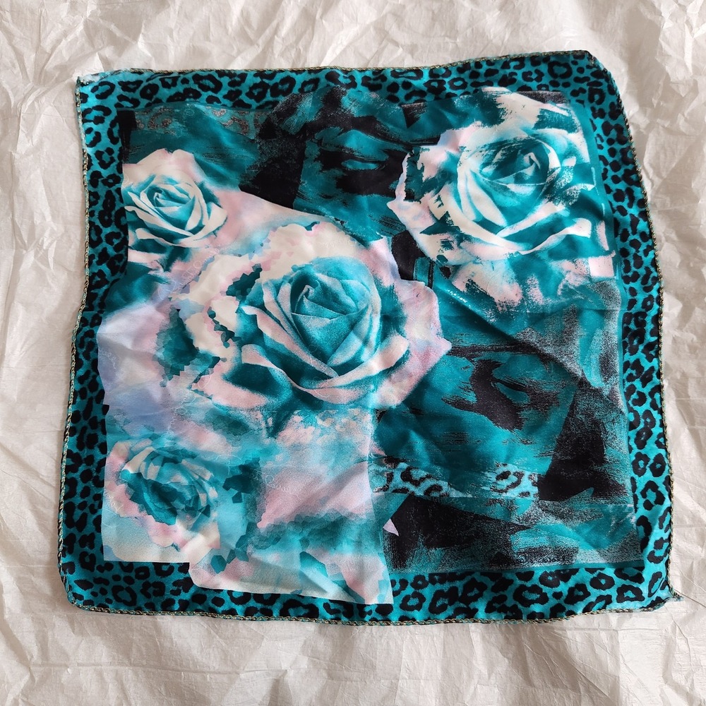 Roberto Cavalli 100% Silk Scarf Teal Leopard Rose Floral Pocket Square Italy 17"